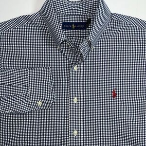 Ralph Lauren Mens Size‎ Medium Blue Gingham Button-Down Shirt Cotton Red Logo